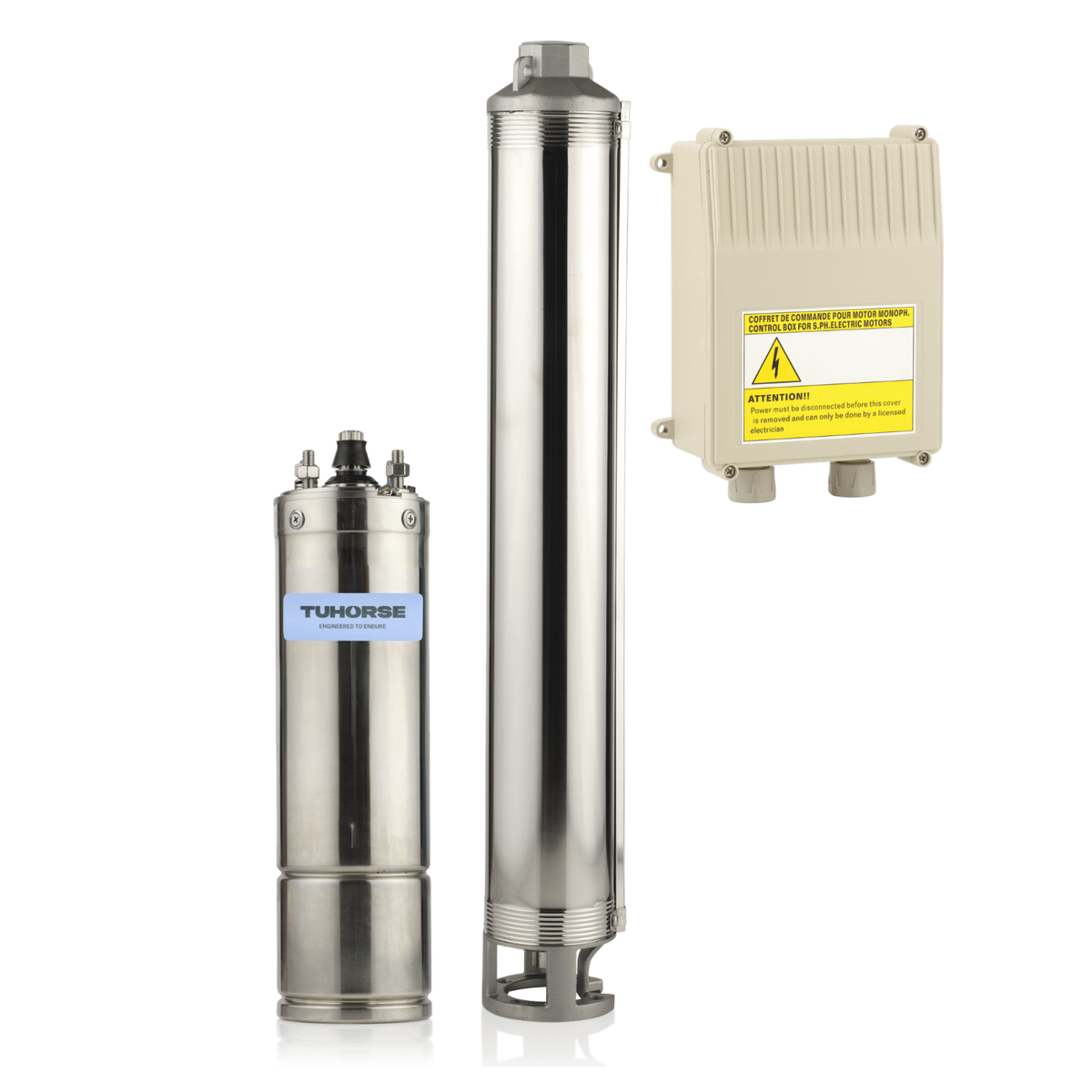 Tuhorse 4" 2HP/240V MA-07 Submersible Bore Pump Package, package contents