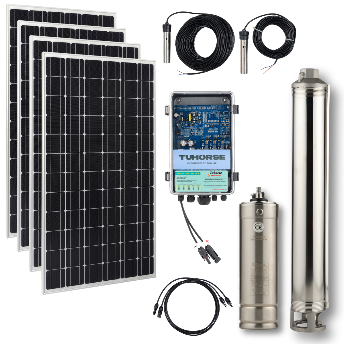 Tuhorse 3S500C 3 Inch Centrifugal Solar Bore Pump Package 500W + 800W Panels, package contents