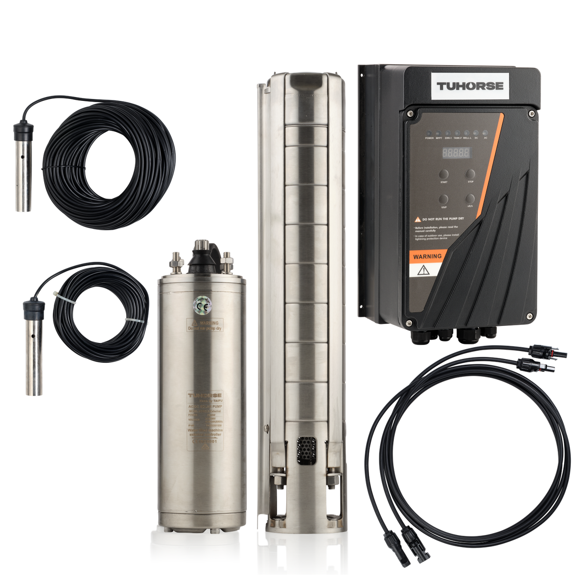 Tuhorse 4H2200 4 Inch AC/DC Hybrid Solar Bore Pump 2200W Pump & Controller, package contents