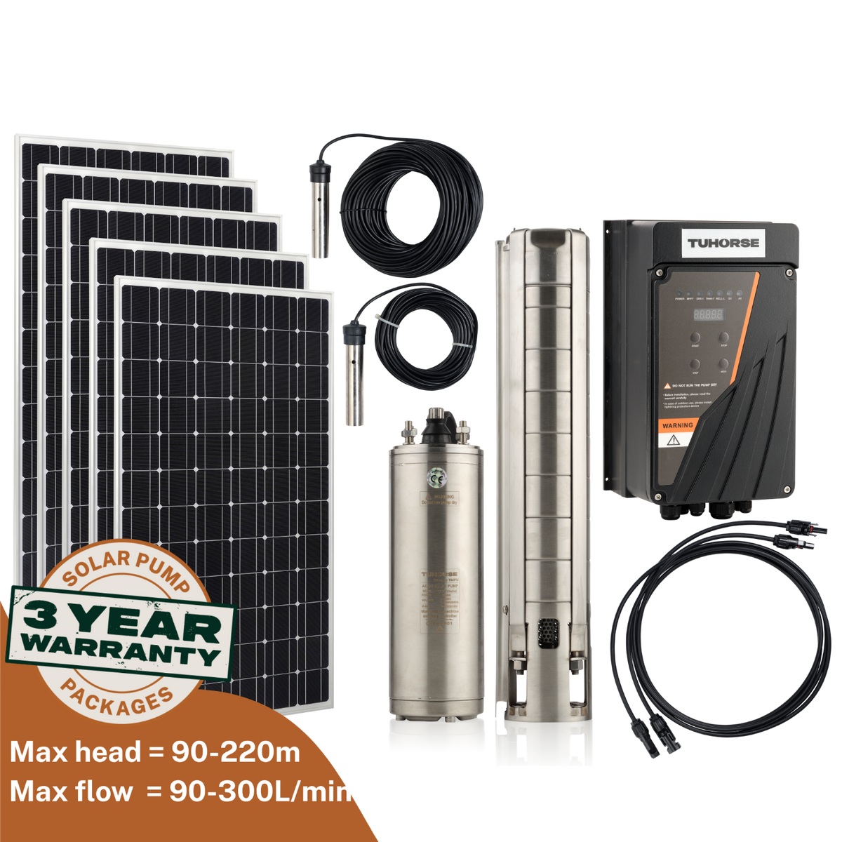 Tuhorse 4H2200/3800-3-EXT solar bore pump complete kit