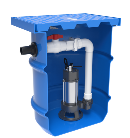 Kwikflo 250L stormwater pump station: blue polyethylene tank shown cut away with the submersible drainage pump, ball valve, non-return valve and PVC discharge pipework fitted inside
