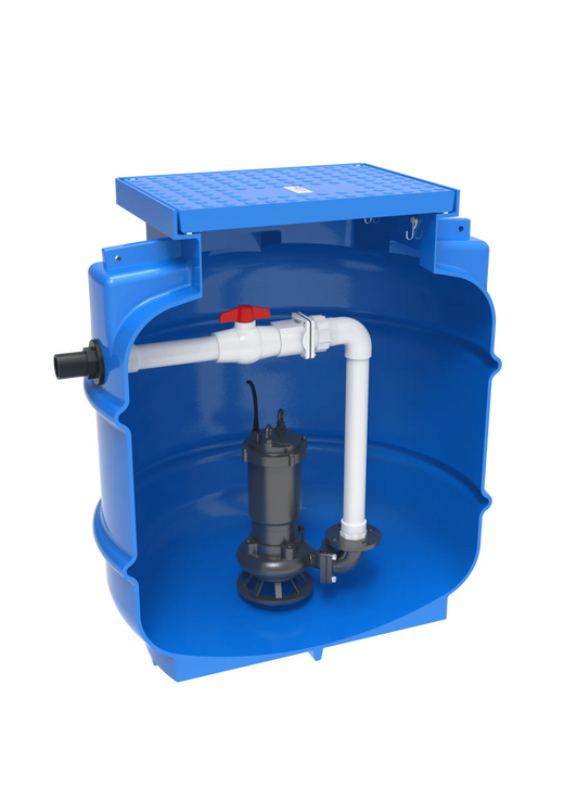 Kwikflo 900L stormwater pump station: blue polyethylene tank shown cut away with the submersible drainage pump, ball valve, non-return valve and PVC discharge pipework fitted inside