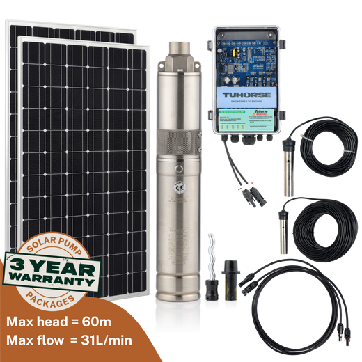 Tuhorse 3S210-40/400 solar bore pump package: 3" stainless steel submersible pump with 2 x 200W monocrystalline solar panels, MPPT auto control box, 40m power cable and water sensors