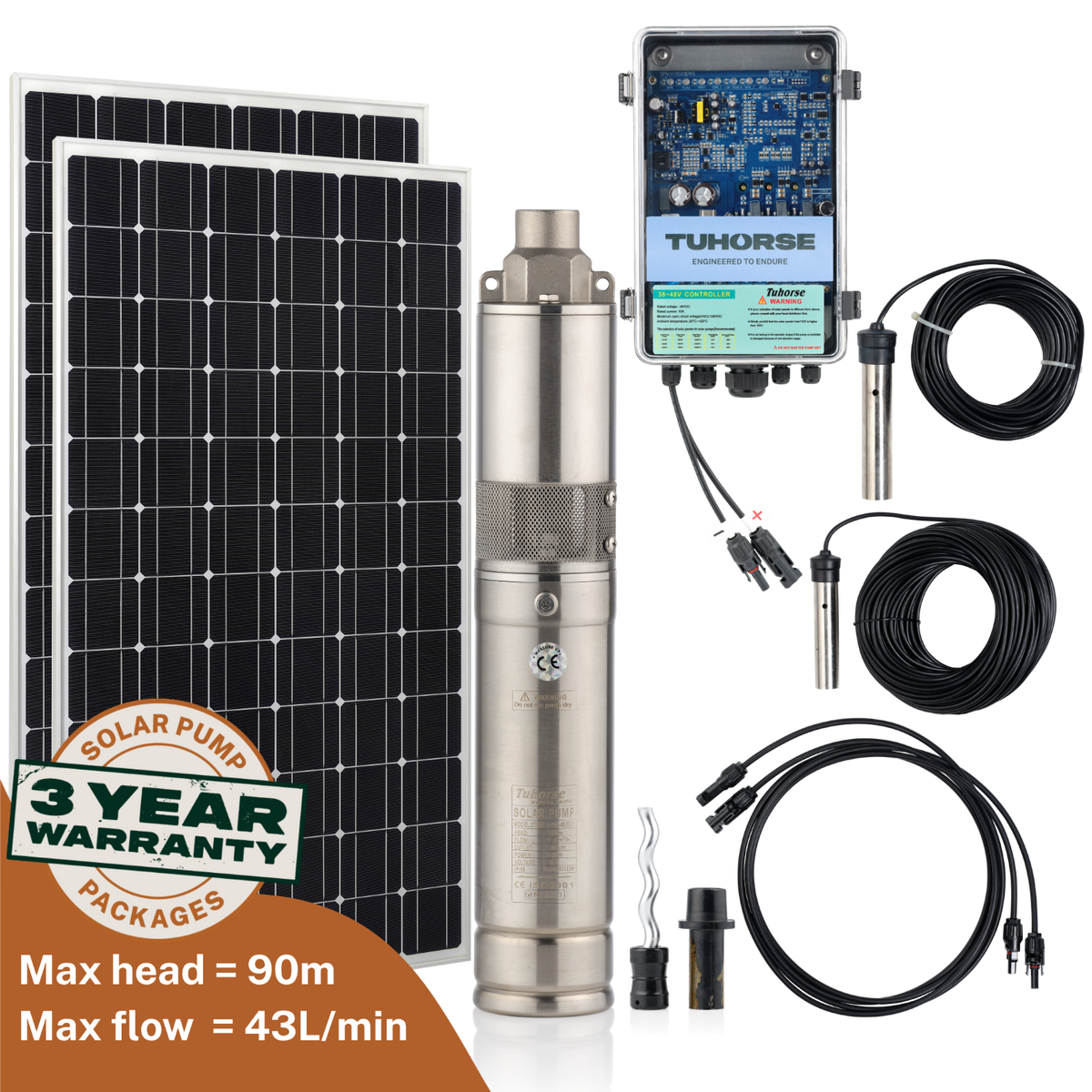 Tuhorse 3S500-40/800 solar bore pump package: 3" stainless steel submersible pump with 4 x 200W monocrystalline solar panels, MPPT auto control box, 40m power cable and water sensors