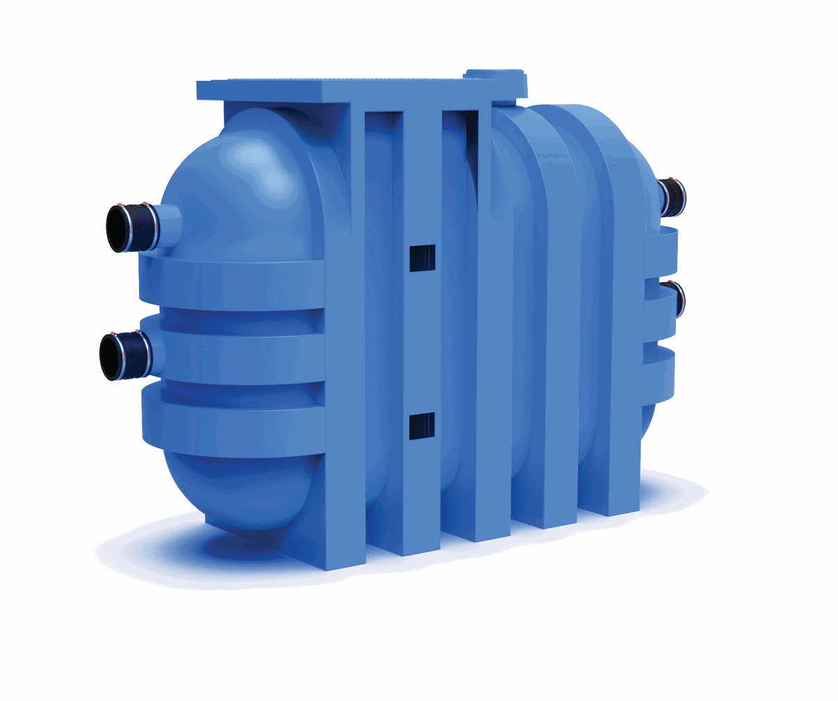Kwikflo KGT1000 1000L grease arrestor: blue polyethylene tank with moulded external ribbing and inlet and outlet connections on opposite ends