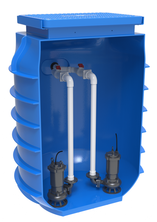 Kwikflo packaged pump station cutaway: blue polyethylene tank showing twin submersible pumps, dual discharge pipework and isolation valves, with poly lid