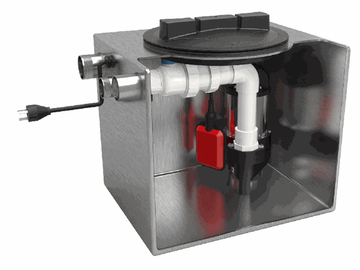 Kwikflo KUS80 undersink pump station: 304 stainless steel tank cutaway showing the submersible pump, red float switch, PVC valves and pipework inside