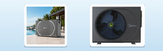 A Fairland pool heat pump beside a backyard pool and a Midea pool heat pump on a clean brand banner, the two options weighed against solar pool heating