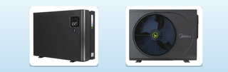 Guardian Platinum inverter and Midea M Series pool heat pumps, two units with very different COP figures on their spec sheets