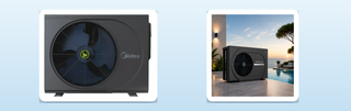 Midea M Series and Fairland Aqua X pool heat pumps, the sort of units that heat an Australian backyard pool over two to three days