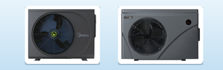 A Midea M Series and a SensaHeat ES Series pool heat pump side by side, two of the 20kW units compared in this guide