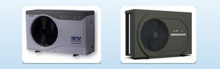 A SpaNET SV Series integrated spa heat pump beside a compact inverter pool heat pump, the two options for heating a spa in Australia