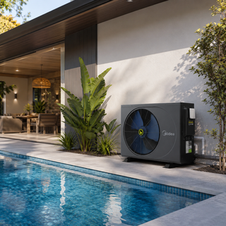 Midea M Series pool heat pump installed beside a backyard swimming pool, a common mid-size choice for Australian homes