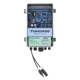 Tuhorse solar bore pump package contents laid out: submersible pump, MPPT auto control box, solar panels, power cable and water level sensors