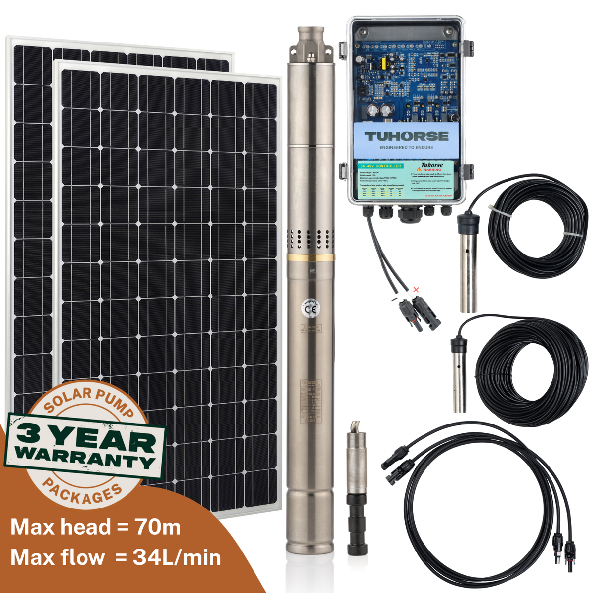 Tuhorse 2S370-40/400 solar bore pump package: 2" stainless steel submersible pump with 2 x 200W monocrystalline solar panels, MPPT auto control box, 40m power cable and water sensors