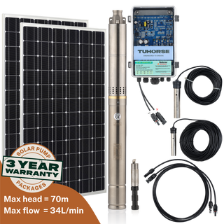 Tuhorse 2S370-40/400 solar bore pump package: 2" stainless steel submersible pump with 2 x 200W monocrystalline solar panels, MPPT auto control box, 40m power cable and water sensors