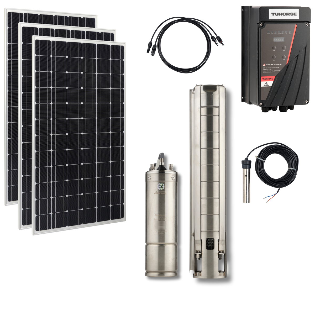 Tuhorse 4S3000C 4 Inch 3-Phase Centrifugal Solar Bore Pump Package 3000W + 4750W Panels, package contents