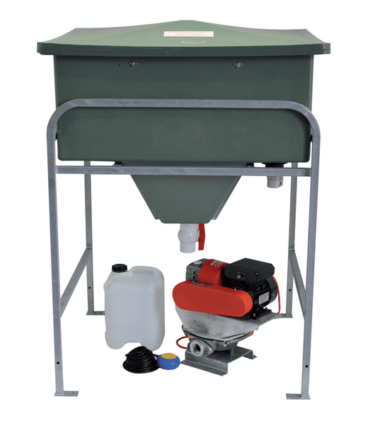 Aline KCPS oil water separator system: green polyethylene separator tank with conical sludge hopper on a galvanised floor mount frame, with the waste oil drum, red diaphragm pump and float switch beneath