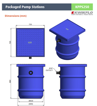 Kwikflo KPPS250 pump station dimension drawing showing 880mm depth, 720mm outer diameter and the 600mm x 600mm access opening