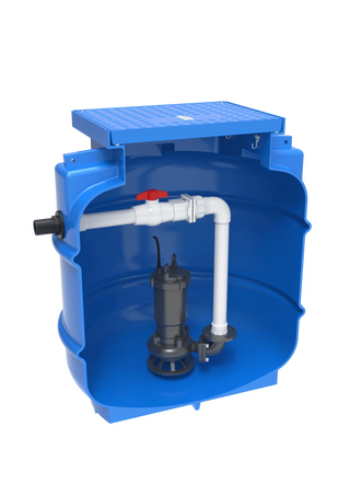 Kwikflo 900L stormwater pump station: blue polyethylene tank shown cut away with the submersible drainage pump, ball valve, non-return valve and PVC discharge pipework fitted inside