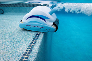 Robo-Tek Robo Plus V2 Robotic Pool Cleaner with Remote & Caddy inside pool