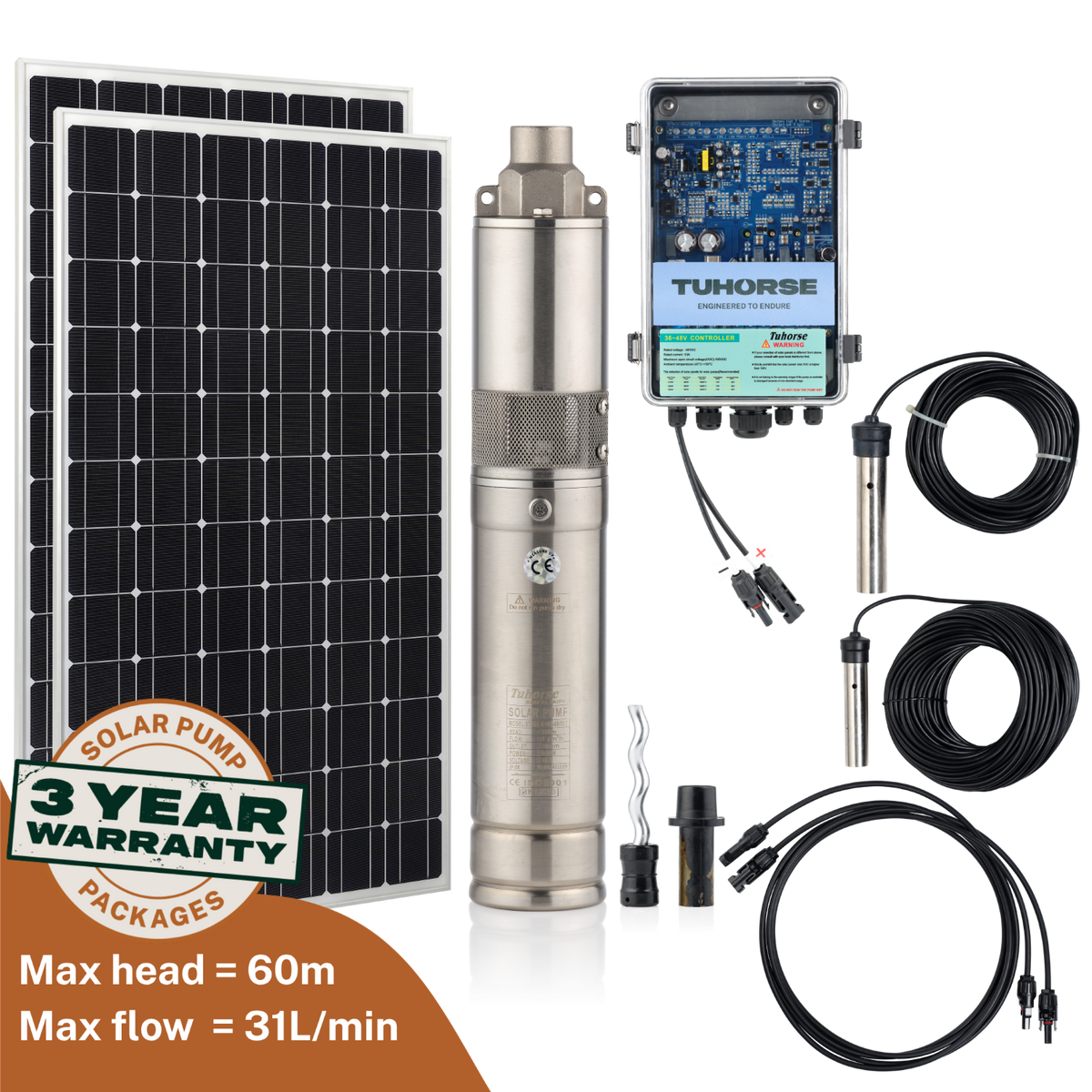 Tuhorse 3S210-40/400 solar bore pump package: 3" stainless steel submersible pump with 2 x 200W monocrystalline solar panels, MPPT auto control box, 40m power cable and water sensors
