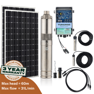 Tuhorse 3S210-40/400 solar bore pump package: 3" stainless steel submersible pump with 2 x 200W monocrystalline solar panels, MPPT auto control box, 40m power cable and water sensors
