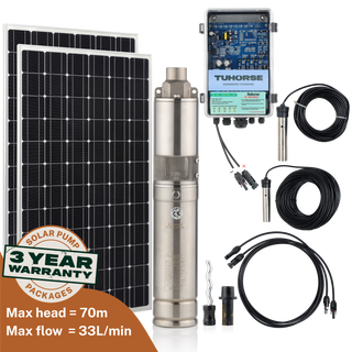 Tuhorse 3S500-40/400 solar bore pump package: 3" stainless steel submersible pump with 2 x 200W monocrystalline solar panels, MPPT auto control box, 40m power cable and water sensors
