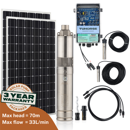 Tuhorse 3S500-40/400 solar bore pump package: 3" stainless steel submersible pump with 2 x 200W monocrystalline solar panels, MPPT auto control box, 40m power cable and water sensors
