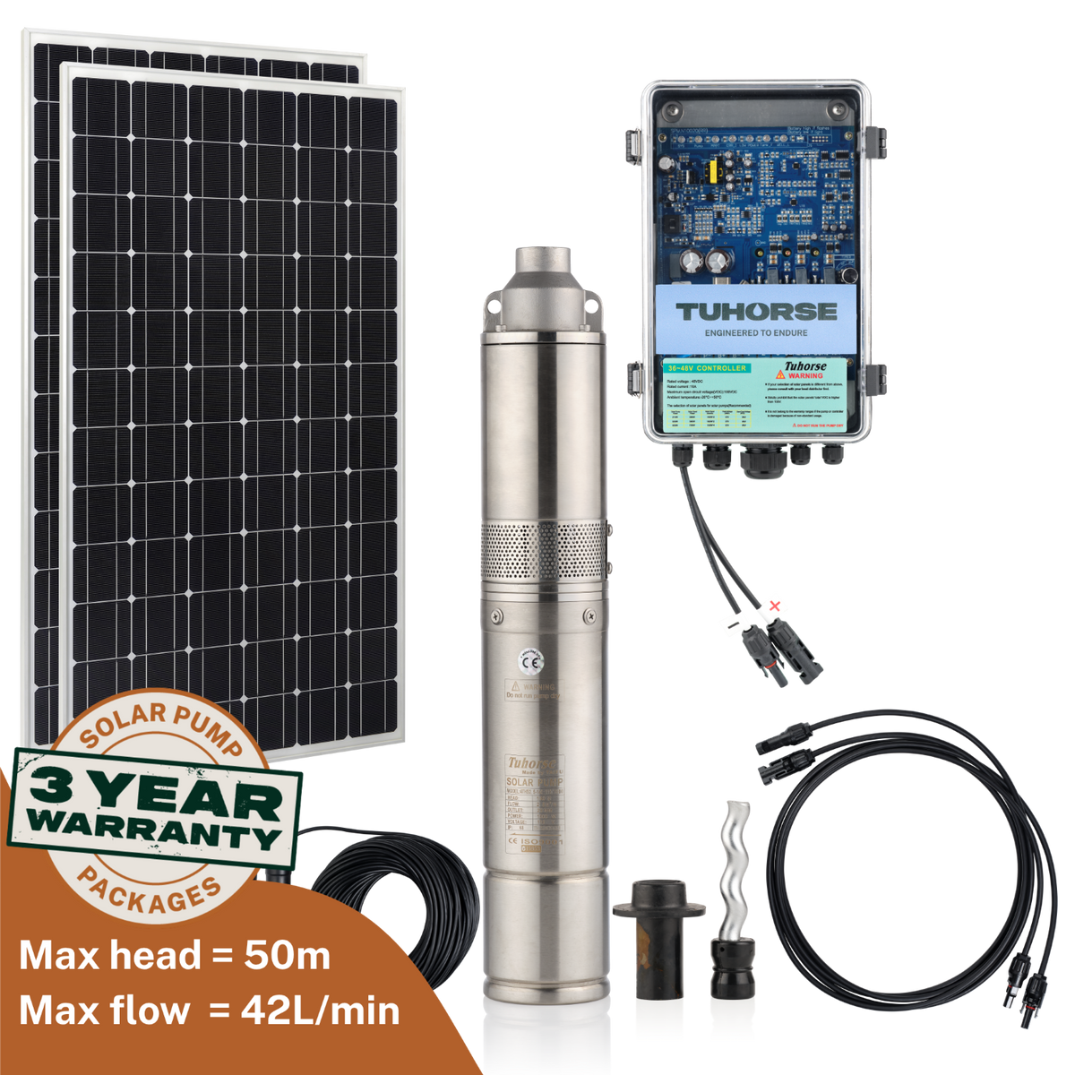 Tuhorse 4S500-40/400 solar bore pump package: 4" stainless steel submersible pump with 2 x 200W monocrystalline solar panels, MPPT auto control box, 20m power cable and water sensors
