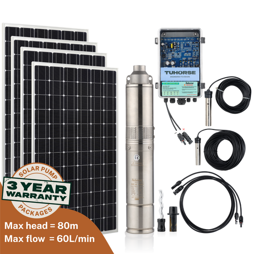 Tuhorse 4S1000-40/800 solar bore pump package: 4" stainless steel submersible pump with 4 x 200W monocrystalline solar panels, MPPT auto control box, 40m power cable and water sensors