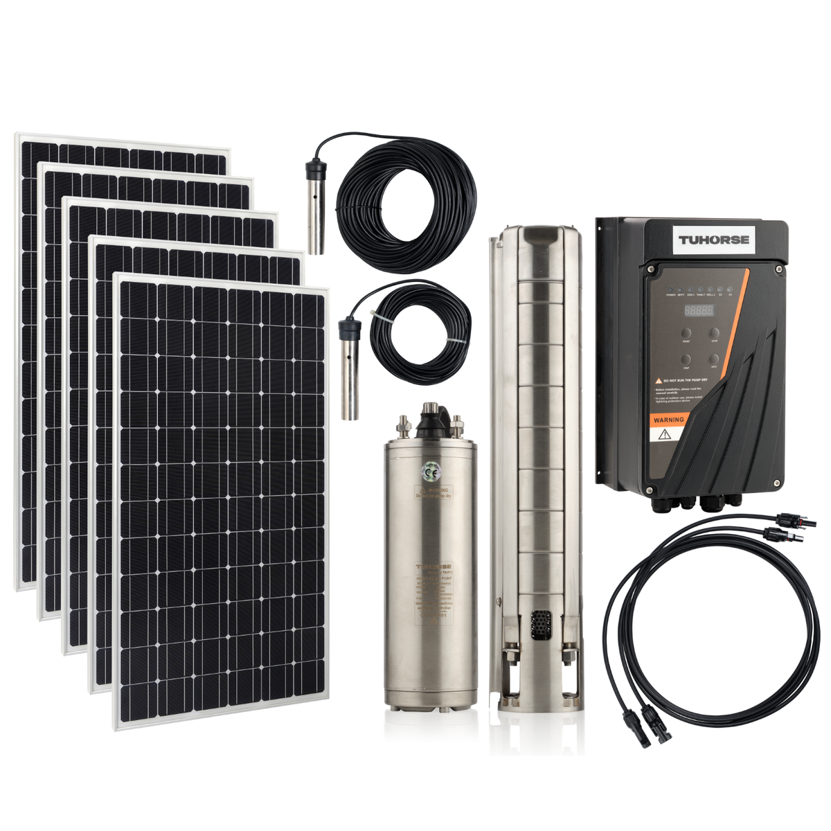 Tuhorse 4H2200 4 Inch AC/DC Hybrid Solar Bore Pump Package 2200W + 3800W Panels, package contents