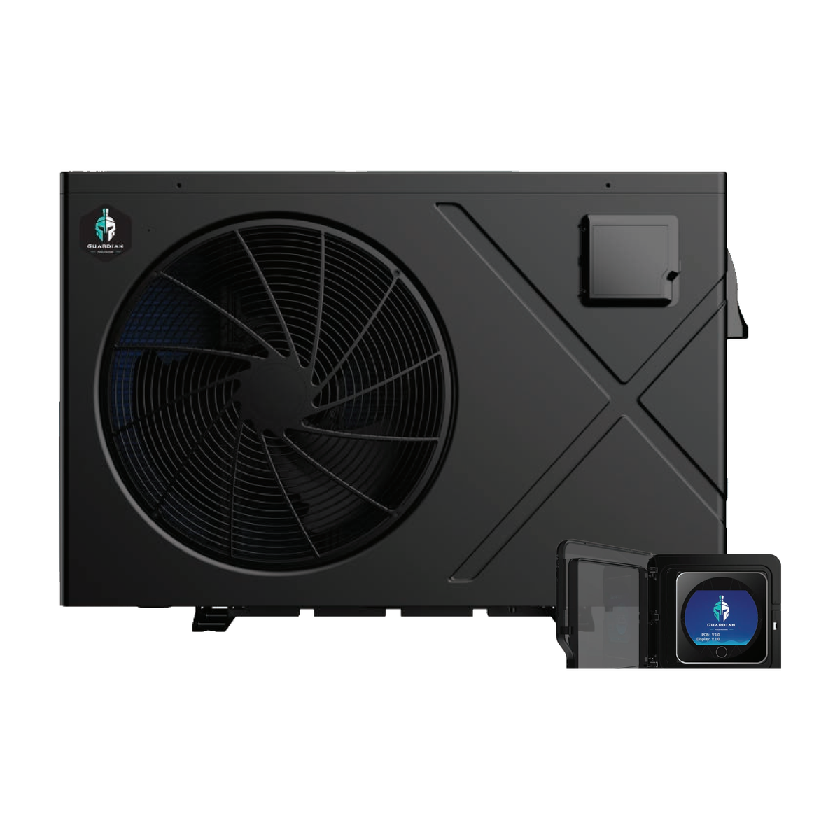Guardian Eco Pulse 19kW Inverter Pool Heat Pump, full unit with the colour touchscreen controller