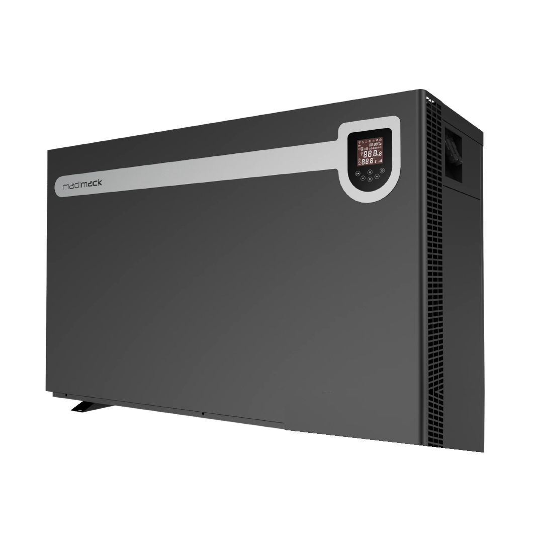 Madimack InverElite V4 17kW pool heat pump, front three quarter view with the colour display and touch controls