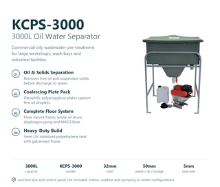Aline KCPS-3000 3000L oil water separator feature summary listing oil and solids separation, the coalescing plate pack, floor mount frame with waste oil drum and diaphragm pump, and 5mm UV-stabilised tank