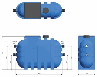 Kwikflo KGT1000 grease arrestor dimension drawing showing 2060mm length, 700mm width, 1440mm height and the inlet and outlet side connections at 640mm and 1060mm