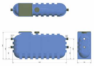 Kwikflo KGT1500 grease arrestor dimension drawing showing the 2925mm long polyethylene tank with inlet and outlet side connections and overall height
