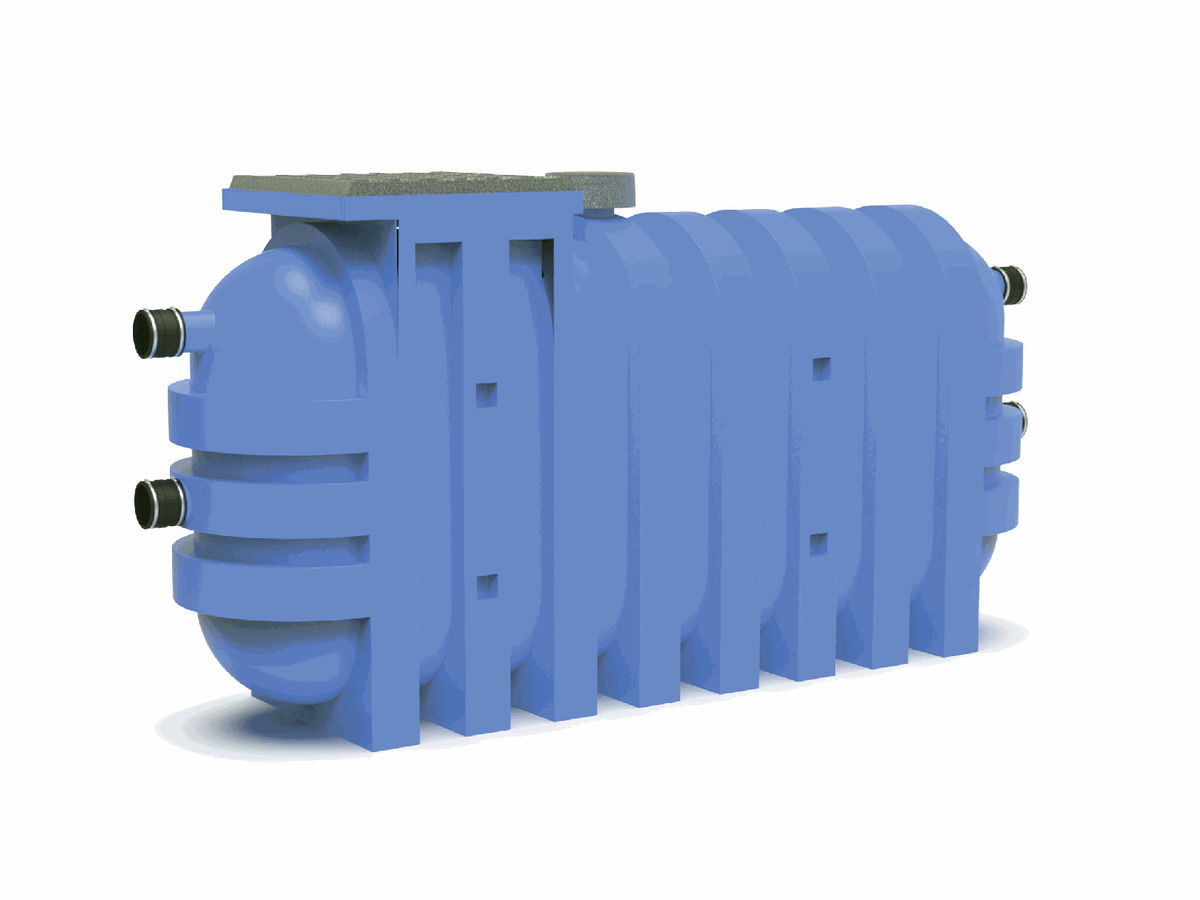 Kwikflo KGT1500 1500L grease arrestor: blue polyethylene tank with moulded external ribbing, access lid and end inlet and outlet connections