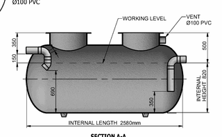 KGT2000 grease arrestor section view showing the internal working level, 2580mm internal length, 820mm internal height and the 100mm PVC inlet, outlet and vent connections