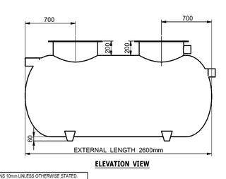 KGT2000 grease arrestor elevation drawing showing 2600mm external length, twin manholes set 700mm from each end and 200mm riser heights