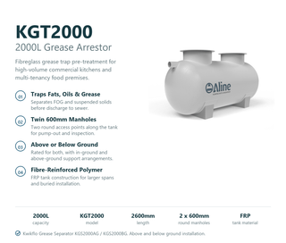 Kwikflo KGT2000 2000L grease arrestor feature summary listing oil and solids separation, twin 600mm round manholes, above and below ground rating, 2600mm length and FRP tank construction