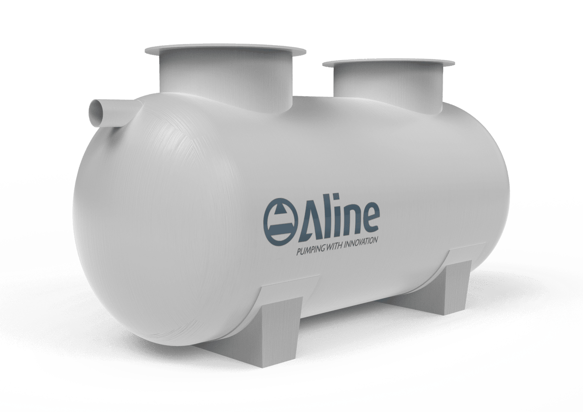 Kwikflo KGT2000 2000L grease arrestor: horizontal cylindrical fibre-reinforced polymer tank in grey with Aline branding, twin raised round access manholes, side inlet and moulded support feet