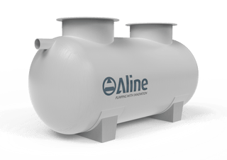 Kwikflo KGT2000 2000L grease arrestor: horizontal cylindrical fibre-reinforced polymer tank in grey with Aline branding, twin raised round access manholes, side inlet and moulded support feet
