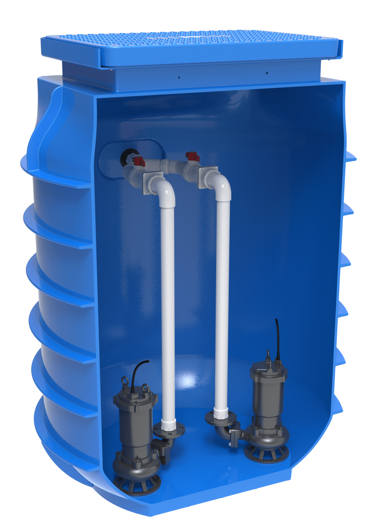 Kwikflo packaged pump station cutaway: blue polyethylene tank showing twin submersible pumps, dual discharge pipework and isolation valves, with poly lid