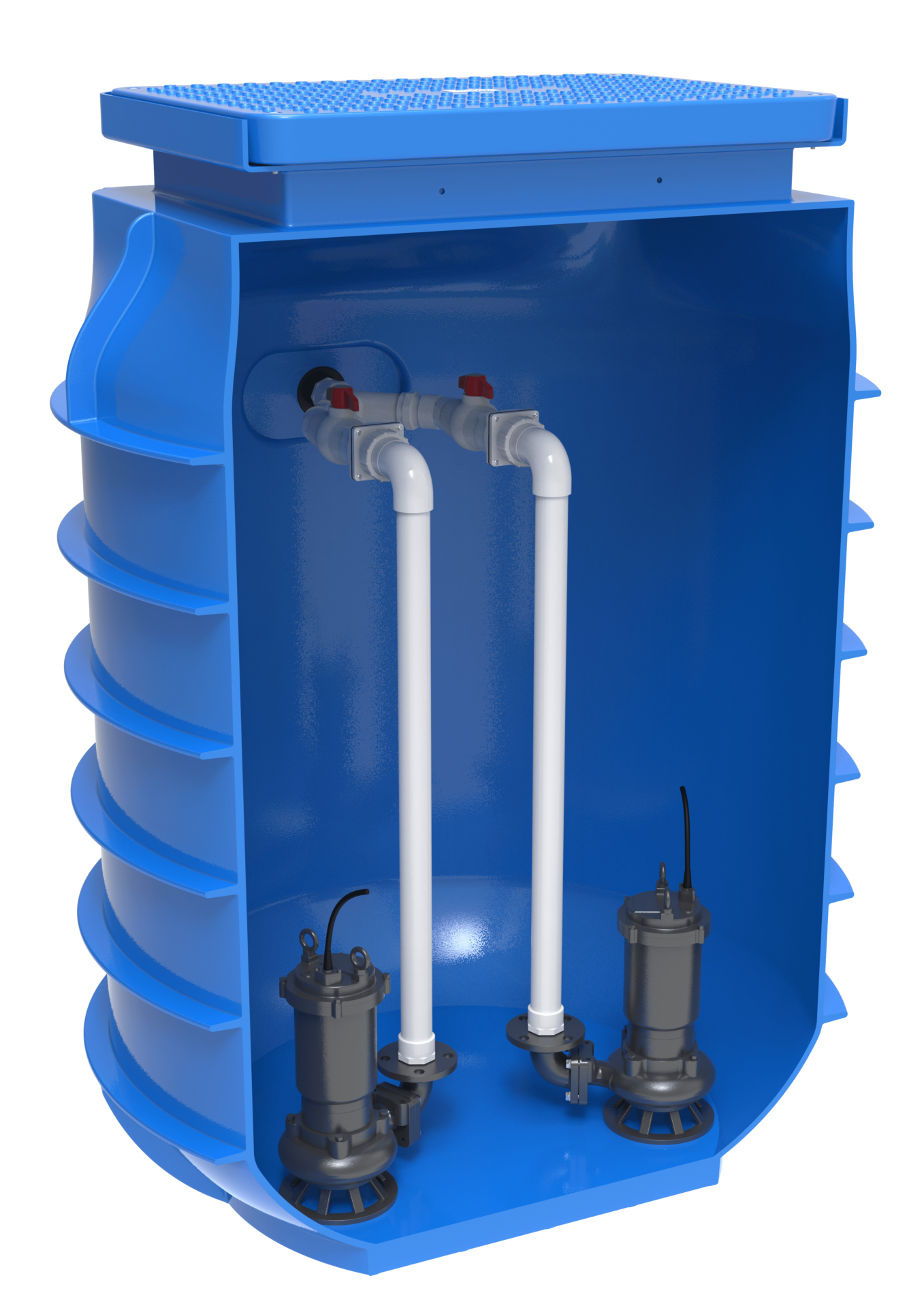 Kwikflo packaged pump station cutaway: blue polyethylene tank showing twin submersible pumps, dual discharge pipework and isolation valves, with poly lid