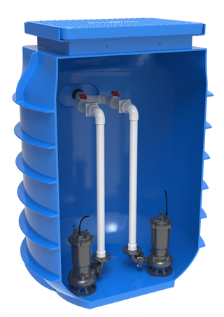 Kwikflo packaged pump station cutaway: blue polyethylene tank showing twin submersible pumps, dual discharge pipework and isolation valves, with poly lid