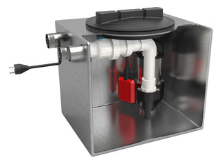 Kwikflo KUS80 80L 304 stainless steel undersink pump station: larger brushed stainless tank with vented lid, submersible pump, float switch and PVC pipework