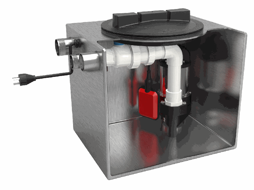Kwikflo KUS80 undersink pump station: 304 stainless steel tank cutaway showing the submersible pump, red float switch, PVC valves and pipework inside
