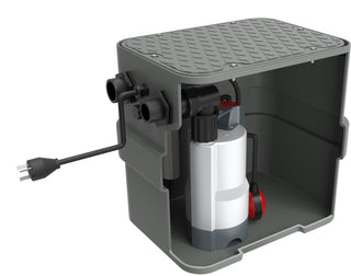 Kwikflo KUSP40 40L polyethylene undersink pump station cutaway: grey poly tank with checker-plate bolt-down lid, submersible pump, red float switch and threaded inlet and outlet connections