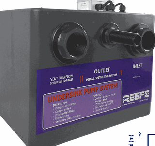 REEFE QUP undersink pump system: charcoal 45L polyethylene tank with labelled vent overflow, outlet and inlet connections and REEFE branding